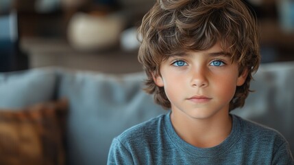 portrait of handsome caucasian boy 10 years old at home