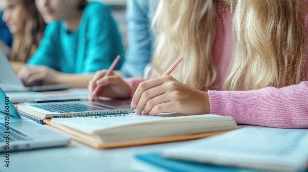Aufkleber a group of students actively participates in a learning session, taking notes in journals while util