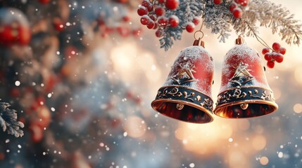 Red Christmas Bells with Snow and Berries on a Branch