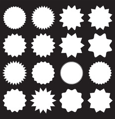 Circle sticker set. Wavy edge promo black badges. Star burst shape tags for price.