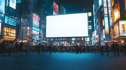 A large billboard with a blank white screen sits in the middle of a street, illuminated by the lights of surrounding buildings. The billboard is in front of a crowd of people standing in the street.