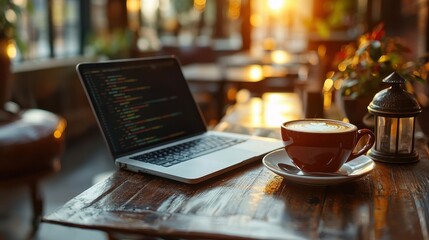 Fototapeta premium Sunrise Over a Cozy Workspace with Fresh Coffee and Laptop, Perfect for Creative Inspiration and Productivity in a Modern Cafe Environment