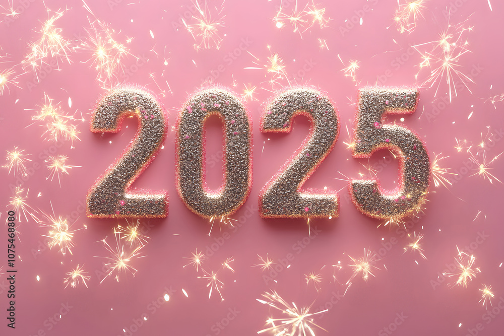 Poster the shiny numbers represent the upcoming year, surrounded by sparkling lights. generative ai.