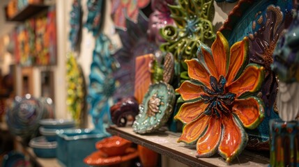 Large orange ceramic flower with blue accents is prominently displayed on a shelf with other colorful pottery sculptures