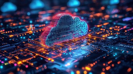 Abstract Digital Cloud Concept with Glowing Elements Over a Circuit Board Background, Representing Technology and Connectivity in Modern Data Management