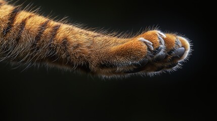 A close-up view of a tiger's paw resting softly on a dark background