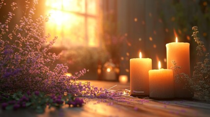 Three Burning Candles Surrounded by Flowers and Warm Light