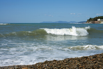 The fresh excitement of the sea surface. A beach with a surging frothy wave in the spray. Copy space.