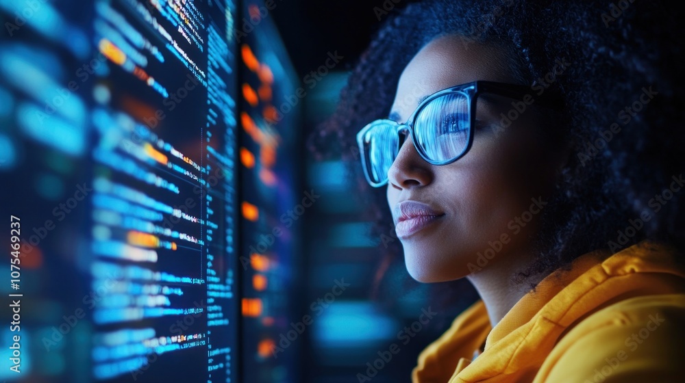 Poster young woman wearing glasses concentrates deeply on coding as she examines glowing computer screens f