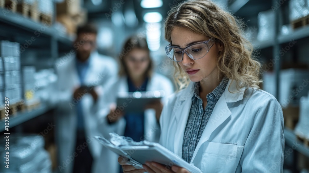 Poster a scientist wearing protective eyewear examines data files while colleagues work on tablets in a lab