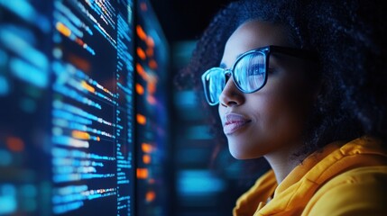 young woman wearing glasses concentrates deeply on coding as she examines glowing computer screens filled with data in a modern tech workspace during evening hours