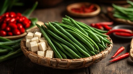 Green Beans, Tofu, and Red Chili Peppers in a Wicker Basket on a Wooden Surface
