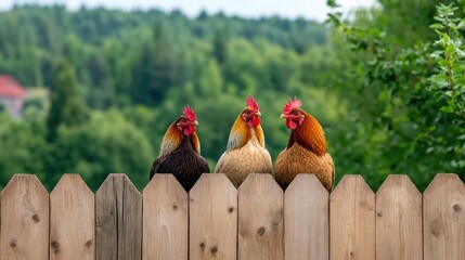 Fototapeta premium Three colorful chickens sit together on a wooden fence, overlooking a verdant landscape filled with trees under a bright blue sky on a sunny day