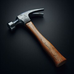 Detailed Close-up of Carpenter's Hammer with Reflective Stainless Steel Head and Wooden Grip On Black Background.