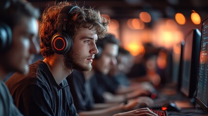 Obraz premium Focused Young Man Wearing Headphones Engaged in Competitive Gaming in a Vibrant Cyber Cafe with Glowing Screens and Enthusiastic Atmosphere