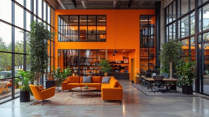 Stylish and Modern Office Interior Design Featuring Bright Orange Accents, Open Layout, Green Plants, and Contemporary Furniture in a Spacious Environment
