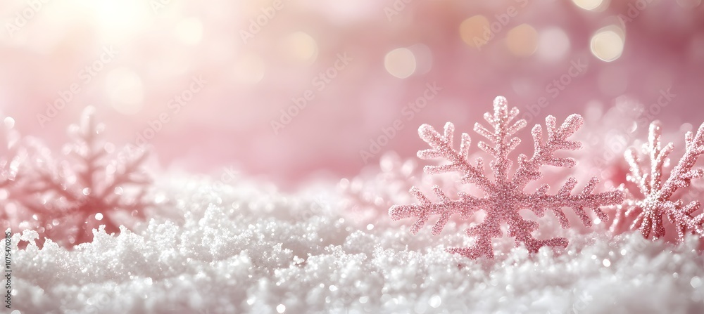 Poster snowflakes rest gently on a bed of soft white snow, creating a serene winter atmosphere. generative 