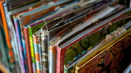 Colorful books neatly stacked on a wooden shelf, showcasing vibrant pages and well loved spines, telling unique stories through covers and text