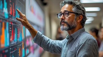 Business professional analyzing data trends on a large screen in a modern office environment with vibrant graphs and charts displayed around him.