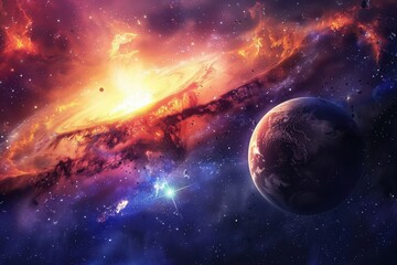 Obraz premium Glowing planet Earth in the vibrant and colorful cosmos with bright shining stars and an orange nebula.