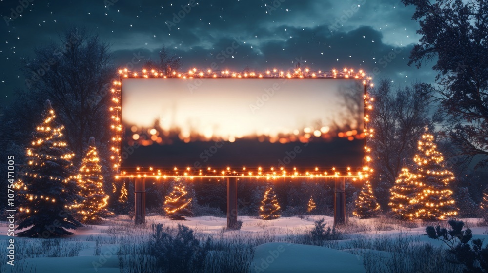 Poster a large billboard adorned with glowing lights stands amid snow-covered trees during twilight. the pe