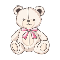 A cute teddy bear with a pink bow sitting against a white background for kids design 