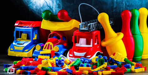 Composition with colorful plastic children toys