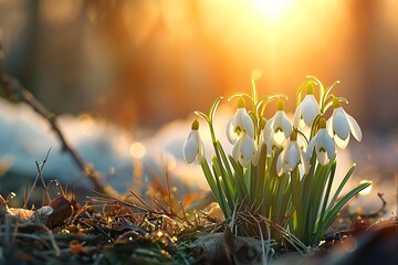 Beautiful snowdrop flowers in sunny day. Spring background