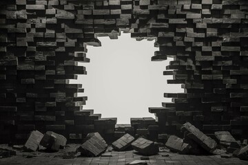 Breaking Through Barriers: A dramatic image of a hole forcefully punched through a dark brick wall, symbolizing overcoming obstacles and achieving breakthrough.
