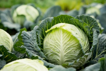 Obraz premium Fresh Cabbage in the Garden: A close-up shot of a vibrant, green cabbage nestled among its leafy brethren in a lush garden setting. The image exudes freshness and the bounty of nature.