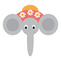 Vector illustration of a cute elephant with a floral-decorated hat.