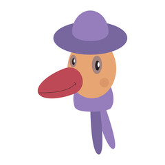 Vector illustration of a stylized duck with a purple hat and large red beak.