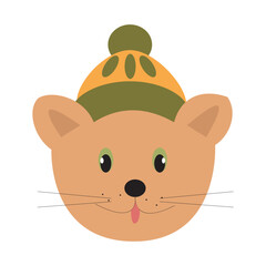 Vector illustration of a cute cat face wearing a winter hat.