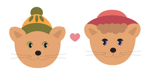 Vector illustration of two cat faces with hats and a heart symbol.