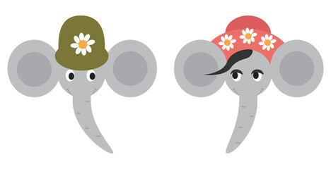 Vector illustration of two adorable elephants wearing hats with flowers.