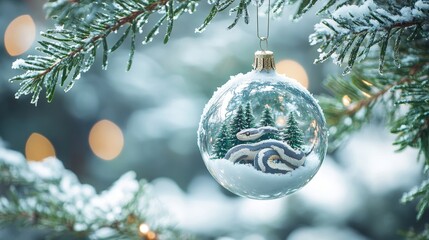 Christmas Tree and snake inside snow ball hanging on fir branch on snow winter background.