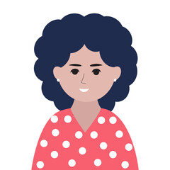 Vector of a smiling woman with dark blue curly hair and pink polka-dot top.