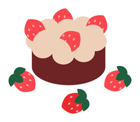 Vector of a chocolate cake topped with whipped cream and strawberries.