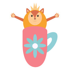 Vector of a cute lion with a crown, sitting in a pink floral mug.