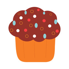 Vector of a chocolate muffin with colorful round sprinkles.