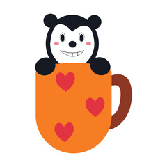 Vector of a cartoon bear peeking out from an orange mug with heart designs.