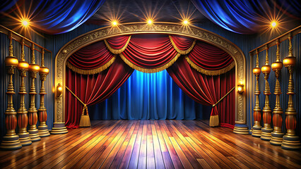 Digital Illustration of a Theater Stage with Drawn Curtains, Colorful Stage Lights Casting Vibrant Hues on a Wooden Floor, Featuring Deep Curtains, Soft Lighting, and a Warm Inviting Atmosphere