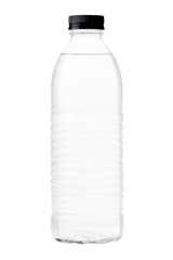 Transparent plastic water bottle with black cap, ideal for hydration, fitness, and portability. Isolated on transparent background.