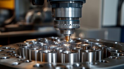 Fototapeta premium Close-up of a Precision Drilling Machine with a Sharp Drill Bit Poised Above a Metal Plate with Multiple Holes