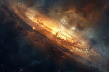 Glowing spiral galaxy with bright center and dark edges in deep space.