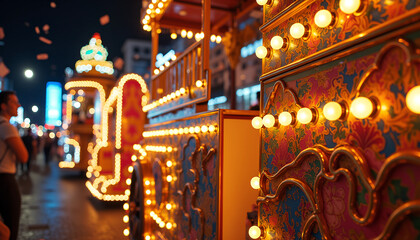 Obraz premium Experience the vibrant energy of a Bloquinho de Carnaval filled with stunningly illuminated floats and joyful revelers at night