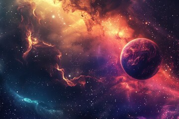 Glowing red planet in a vibrant nebula with stars and dust