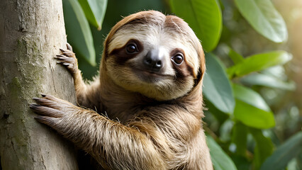 Fototapeta premium Portrait of cute sloth climbing on tree in the jungle.