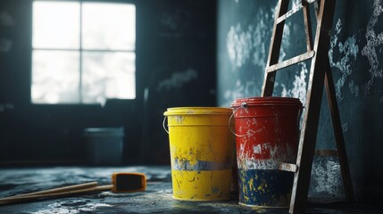 construction site of home renovation with paint and primer jerry buckets on floor