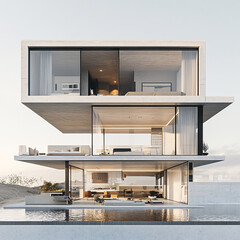 Cross-Section View of Modern Multi-Story House with Three Spacious Rooms, Showcasing Minimalist Interior Design and Open Layouts in a Contemporary Style